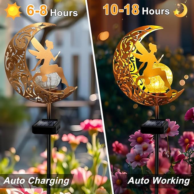 YJFWAL 2 Pack Garden Solar Lights Pathway Stake Lights Moon Fairy Glass Globe - Image 5