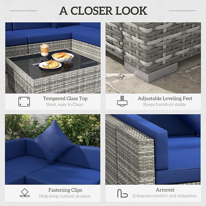 Outsunny 7 Piece Patio Furniture Set, Wicker Outdoor Sectional Sofa Set - Image 6