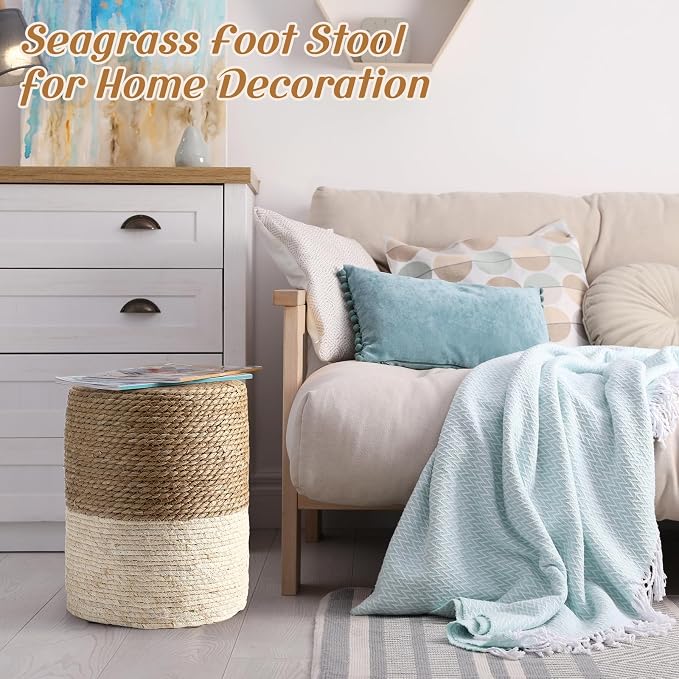 Barydat 2 Pcs 15'' Ottoman Pouf Natural Seagrass Braided Poof Hand Weaving - Image 2