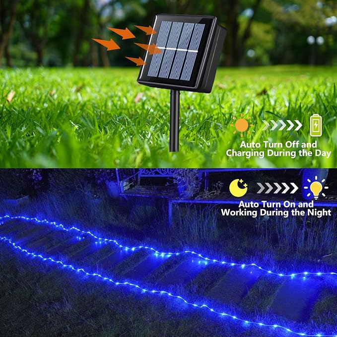 QITONG Blue Solar Rope Lights Outdoor, 2 Pack Each 33ft 100LED String Light - Image 2