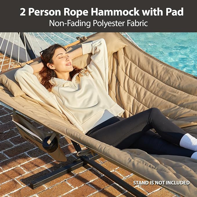 Outdoor Double Hammock with Hardwood Spreader Bars, Large Rope Hammock with - Image 2
