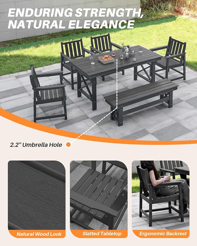 HDPE Outdoor Dining Set of 6, Patio Dining Table Set - Image 8