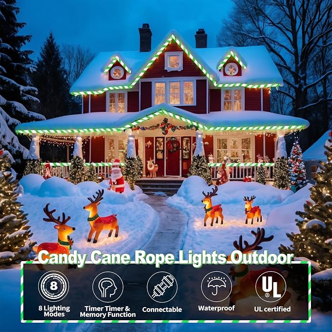 Jnaurb Christmas Candy Cane Lights, 66ft 480 LED Connectable Flexible White & - Image 2