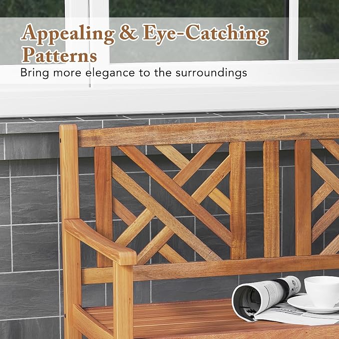 HAPPYGRILL Outdoor Wood Bench, 2-Seat Acacia Wood Loveseat Chair w/Slatted Seat - Image 6