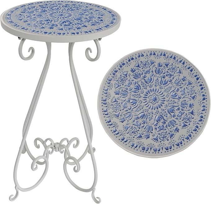 Outdoor Side Table & Mosaic Plant Stand, Indoor Outdoor Coffee Tea Table by Unknown