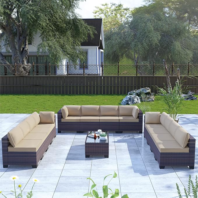 Kullavik 14 Pieces Outdoor Patio Furniture Set, Sectional Rattan Sofa Set Brown - Image 6