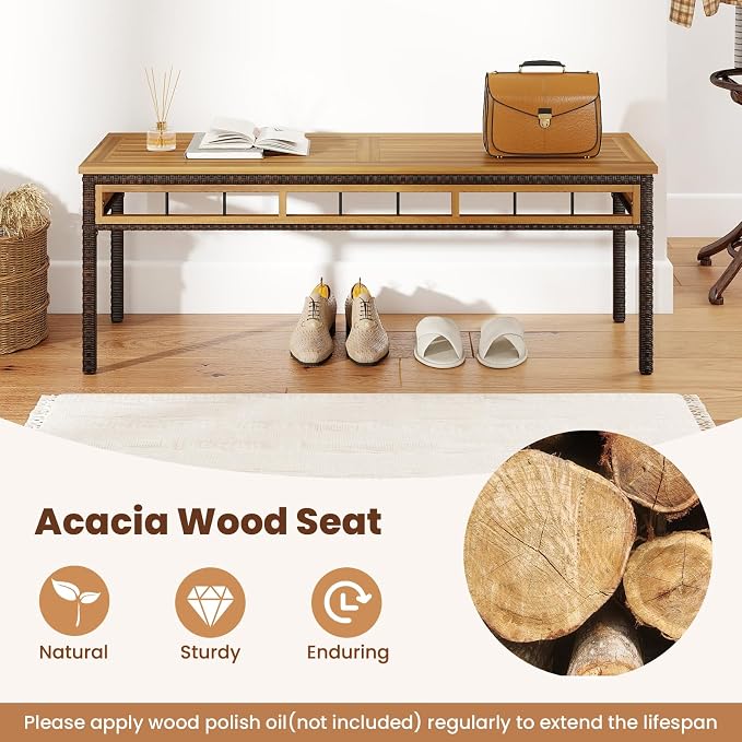 Tangkula 3 Pieces Wood Patio Dining Set, Outdoor PE Wicker Rectangular Acacia - Image 5