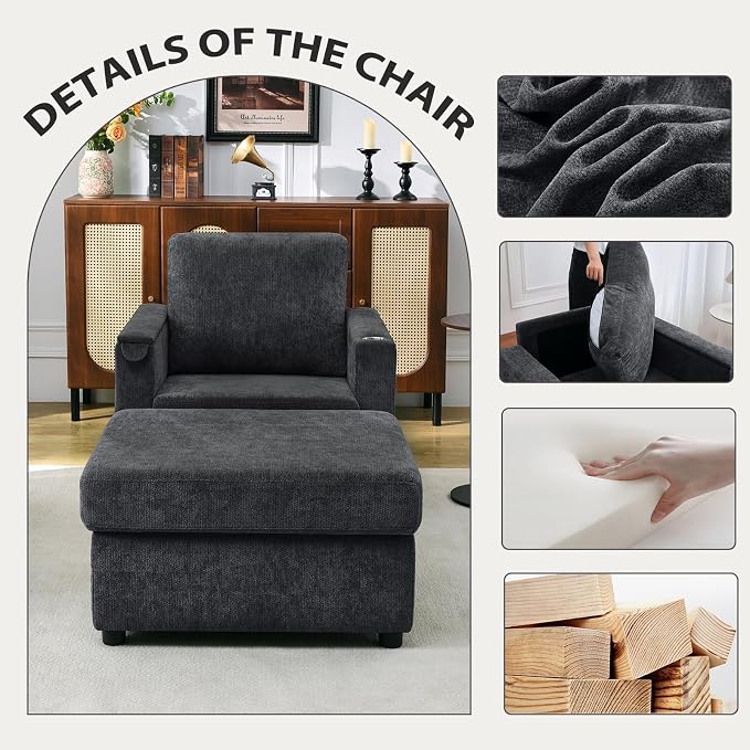 Modern Accent Chairs with Storage Ottoman, Chenille Reading Armchair with Tray - Image 4