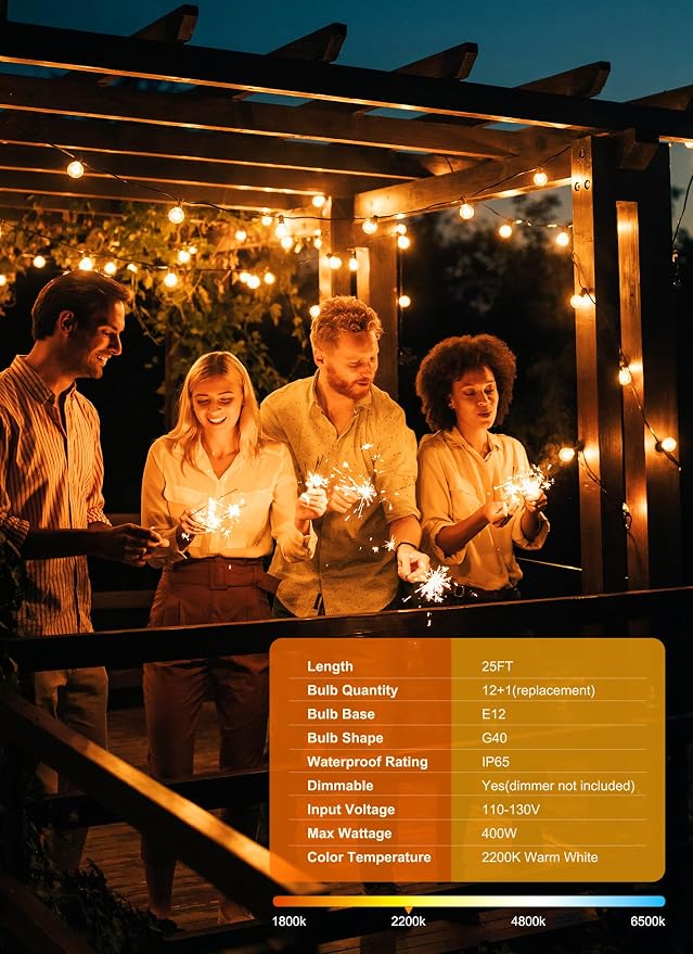 Brightown Outdoor String Lights, 25FT 12+1 G40 Bulbs Shatterproof Patio Lights - Image 2