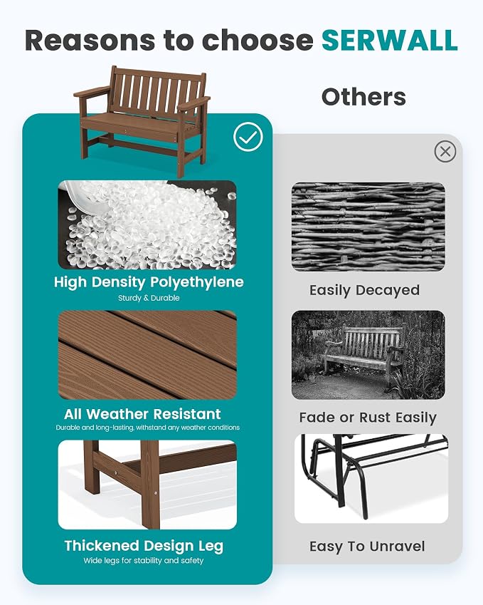 SERWALL Outdoor Bench, HDPE Outdoor Benches Weatherproof, 2-Person Garden Bench - Image 9