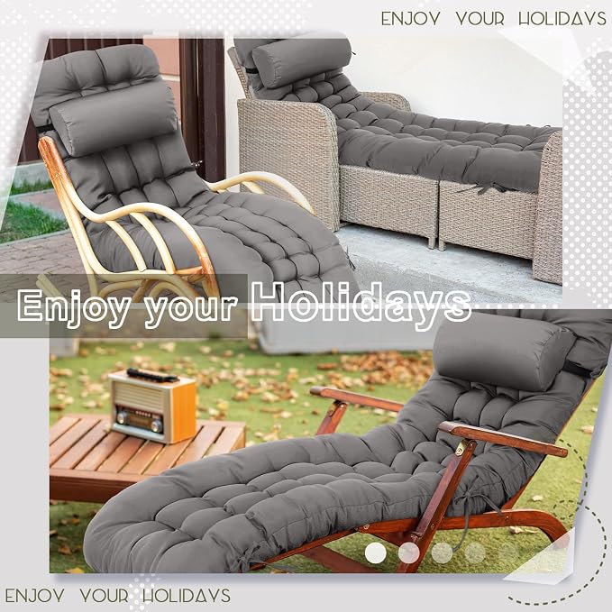 Tudomro 2 Pcs Dark Gray 66'' Outdoor Chaise Lounge Cushion Waterproof Patio - Image 7