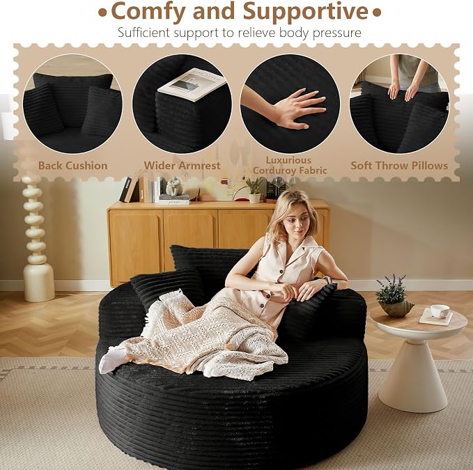 Oversized Round Chair Lounge Chaise Indoor, Upholstered Corduroy Deep Seat - Image 4