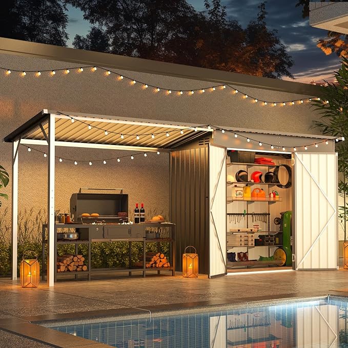 AECOJOY 8x4 FT Outdoor Storage Shed & Hardtop Gazebo Combo, 14x4FT Metal Lean - Image 5