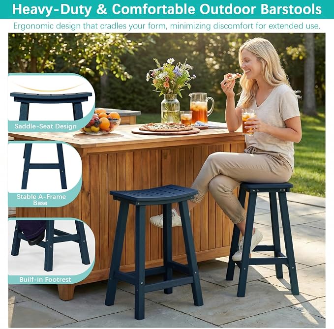 Outdoor Bar Stools Set of 6, 24 Inch All-Weather HDPE Counter Height Chairs - Image 5