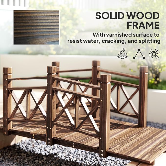 5FT Wooden Garden Bridge with Handrails, Decorative Landscape Footbridge - Image 2