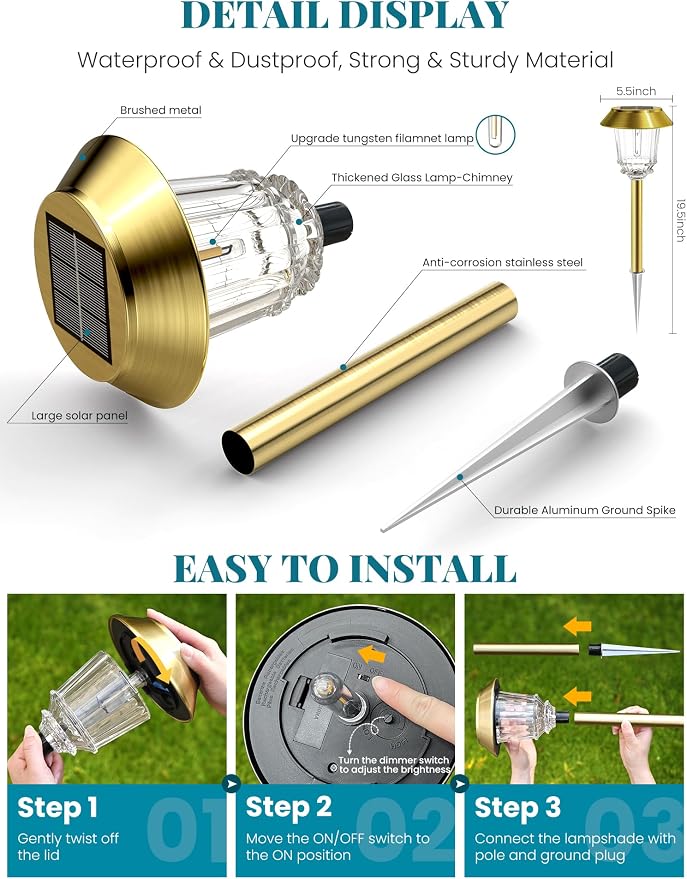 Solar Lights Outdoor Waterproof, 6 Pack Gold Solar Pathway Lights - Image 4