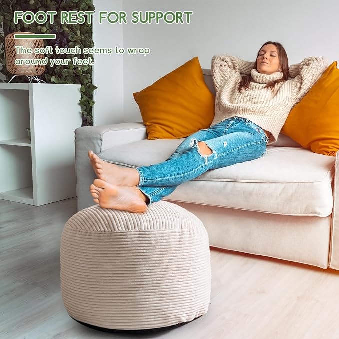 HIGOGOGO Round Stuffed Pouf Ottoman, Corduroy Poufs - Image 4