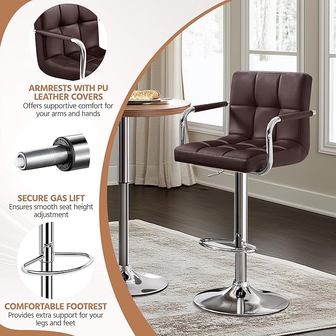 Yaheetech Bar Stools Set of 2, Adjustable PU Leather Swivel Barstools, Modern - Image 4