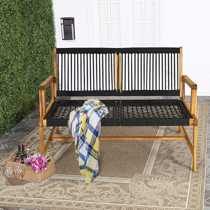 Tangkula 2-Person Patio Acacia Wood Bench Loveseat Chair, Outdoor Patio Bench - Image 2