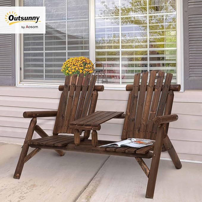 Outsunny 2-Seat Wooden Adirondack Chair, Patio Bench - Image 2