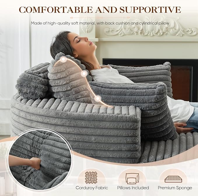 Oversized Round Chaise Longue Chair Indoor, Modern 55-inch Upholstered Corduroy - Image 4