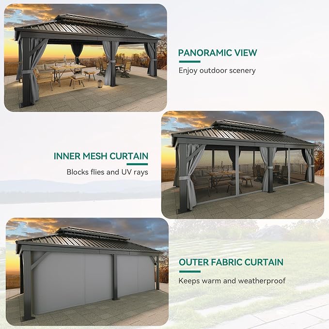 YITAHOME 12X18FT Metal Hardtop Gazebo Double Roof Canopy Galvanized Iron - Image 5
