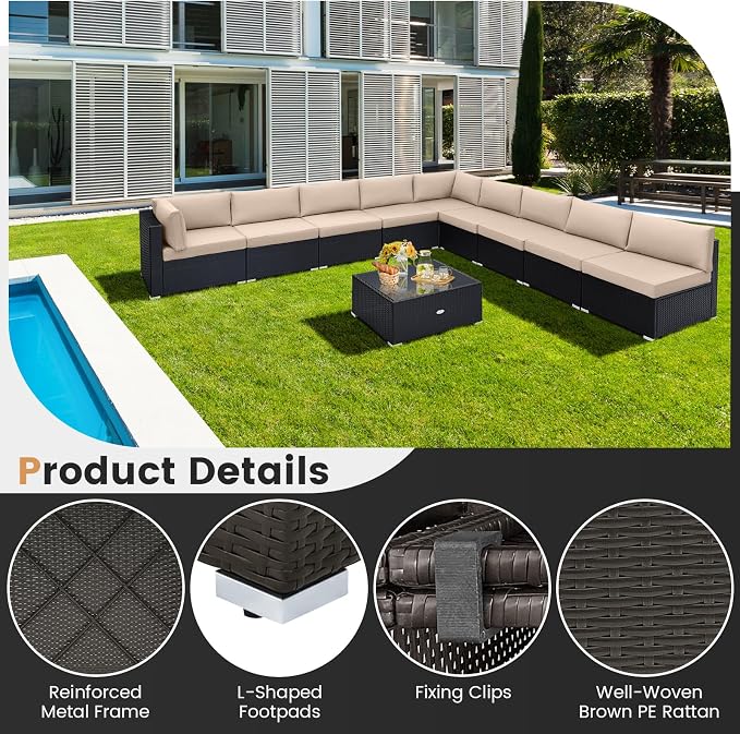 Tangkula 10 Pieces Patio Sofa Set, Outdoor Wicker Conversation Set - Image 6