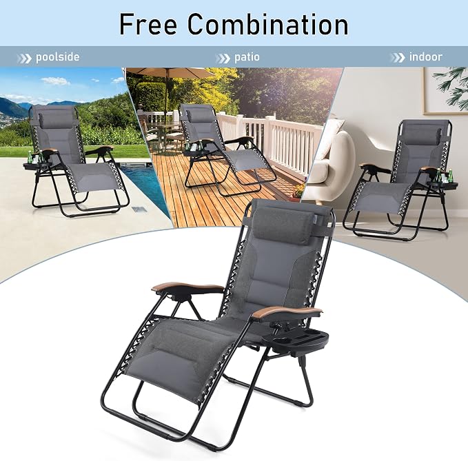 PHI VILLA XXL Oversized Padded Zero Gravity Chair Set of 2, Foldable Patio - Image 7