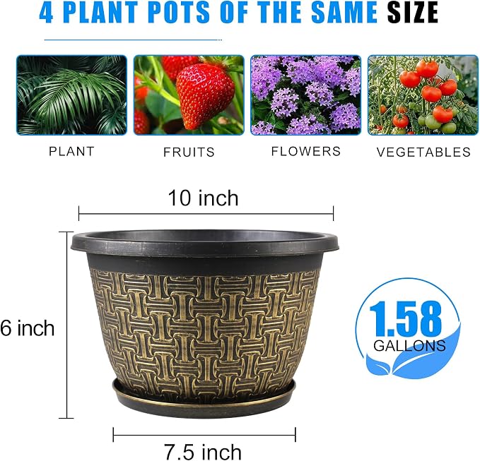 10 Inch Plant Pots, 4 Pack Flower Pots Outdoor - Image 3