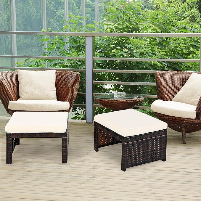Tangkula 2 Pieces Patio Rattan Ottomans, All Weather Outdoor Footstool Footrest - Image 4