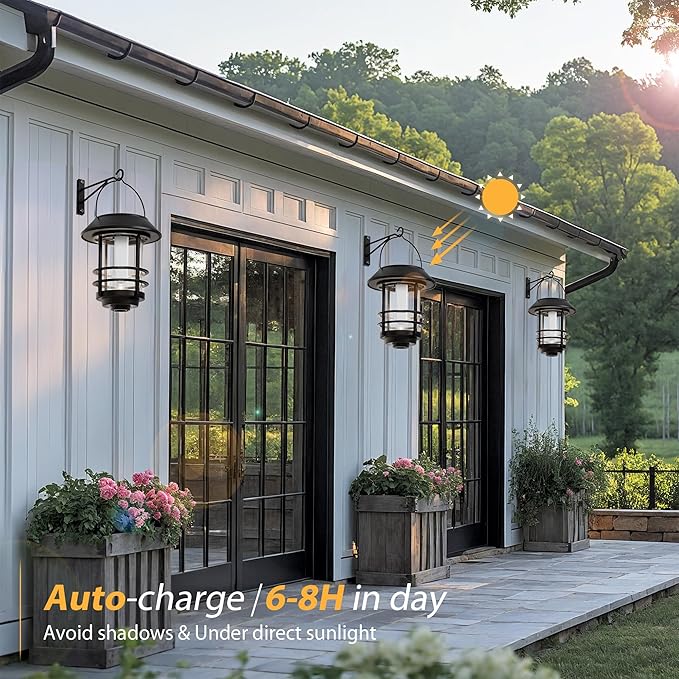 Otdair Solar Lanterns Outdoor Waterproof, 2 Pack Flickering Flames Wall Garden - Image 2