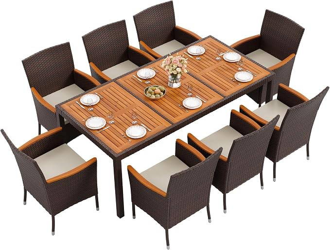 Flamaker 9 Piece Patio Dining Set Outdoor Acacia Wood Table and Chairs by Flamaker