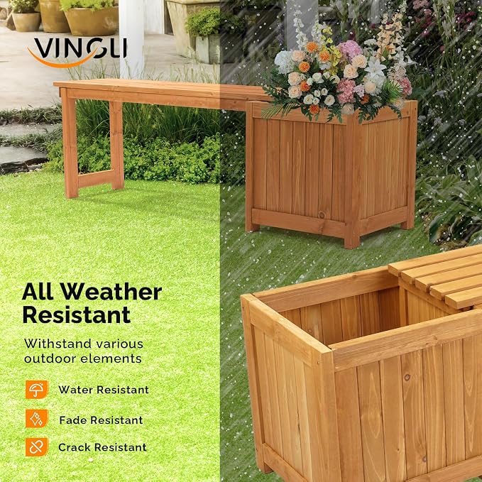 VINGLI Outdoor Wood Bench with Planter Boxes, 2-in-1 All-Weather Porch Bench - Image 6