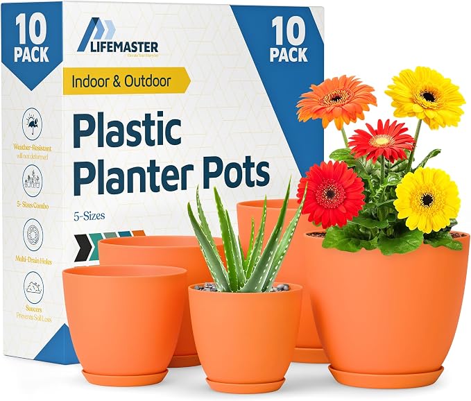 Yellow Plant Pots with Drainage Holes & Saucers 10 Pack, Indoor & Outdoor by LIFEMASTER