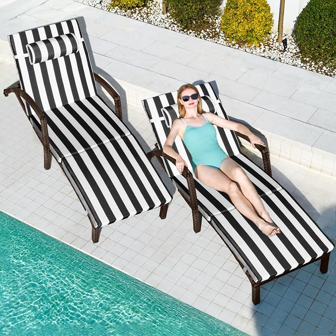Chaise Lounge Chairs Outdoor Set of 2, Comfy Outside Wicker Patio Pool Lounge by ZZWHOM