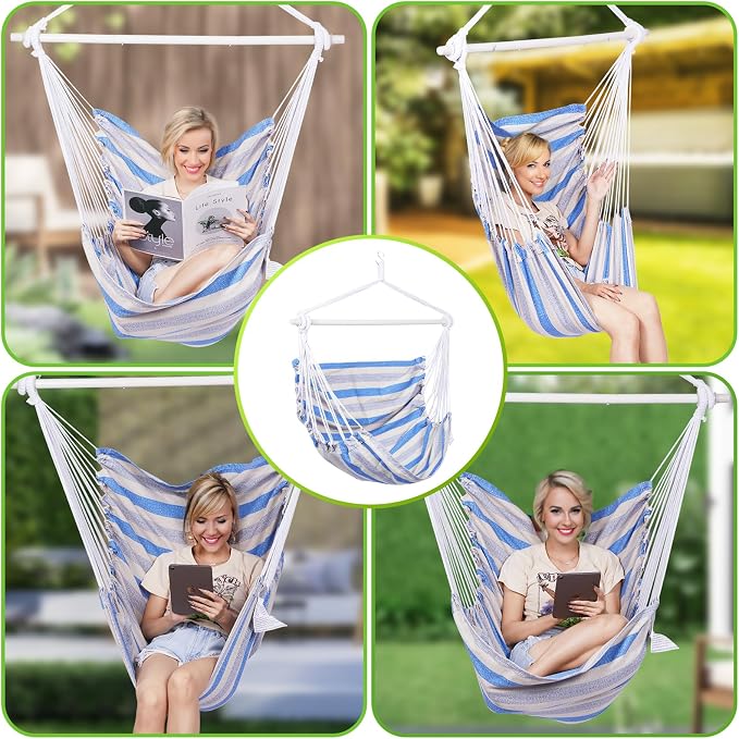 Backyard Expressions Striped Hammock Chair Hanging Rope Swing Chair, Anti Slip - Image 3