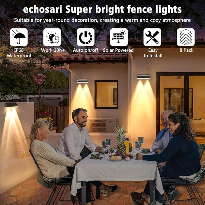 echosari Solar Fence Lights 8 Pack, 100 Lumen Ultra Bright Solar Wall Lights - Image 3