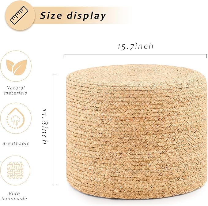Handwoven Water Hyacinth Ottoman Pouf, Round Outdoor Footstool - Image 3