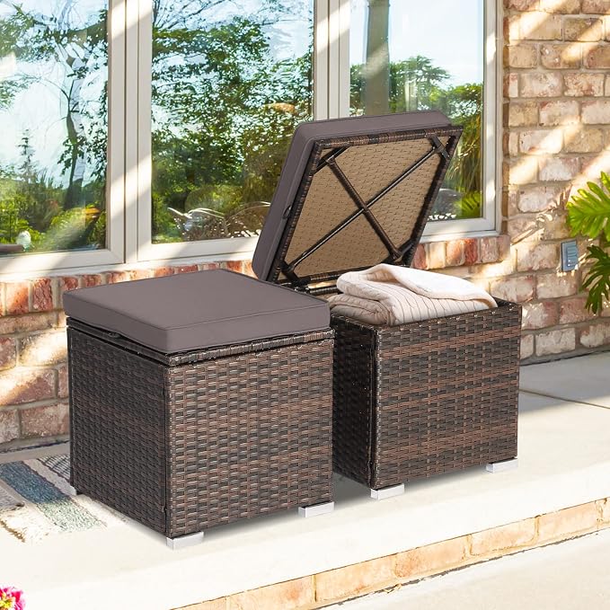 Tangkula 2 Pieces Patio Ottomans, Patiojoy Hand-Woven PE Rattan Side Table - Image 4