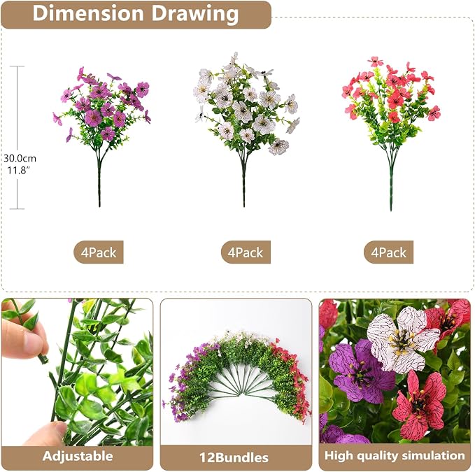 Artificial Flowers Faux Plants Outdoor Fake Flowers Spring Decor, 12 Bundles - Image 3