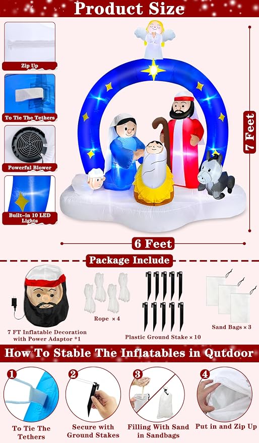 7 FT Tall Christmas Inflatables Nativity Scene - Image 3