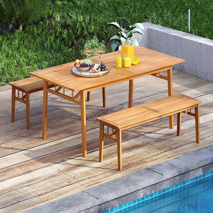 Tangkula 3 Pieces Patio Dining Set, Acacia Wood Space Saving Outdoor - Image 2