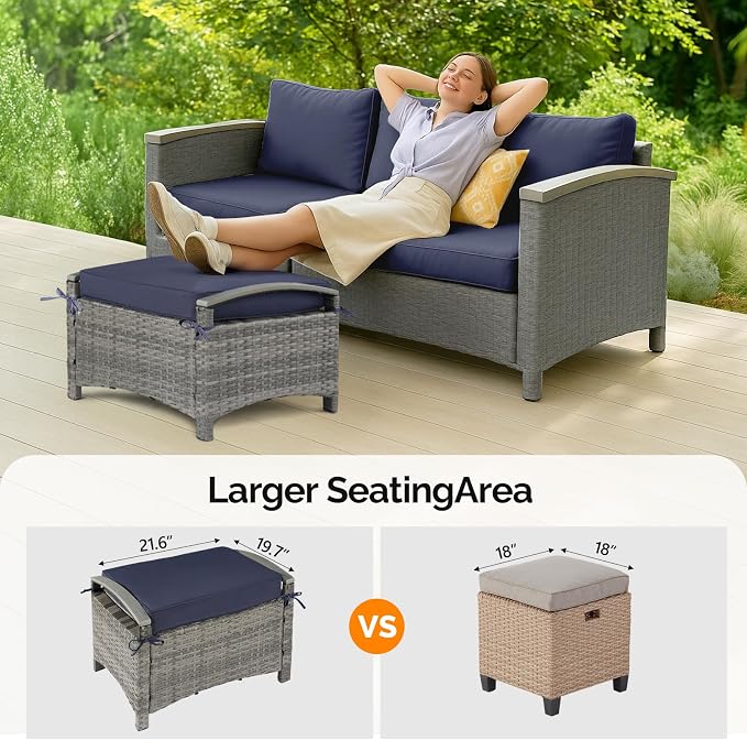 VINGLI Wicker Outdoor Ottoman Set of 2, All Weather PE Rattan Footstool - Image 4