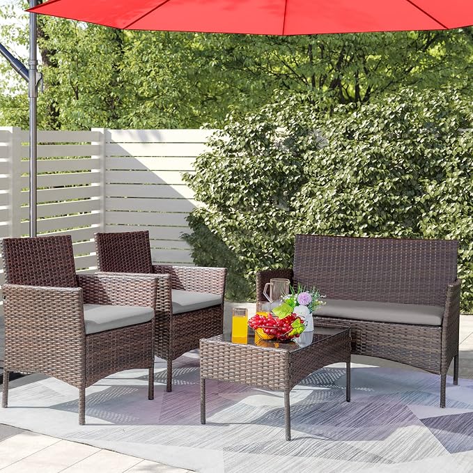 Greesum Patio Furniture 4 Pieces Conversation Sets Outdoor Wicker Rattan Chairs - Image 3