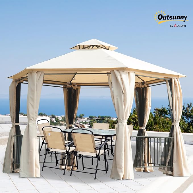 Outsunny 13' x 13' Patio Gazebo, Double Roof Hexagon Outdoor Gazebo Canopy - Image 2