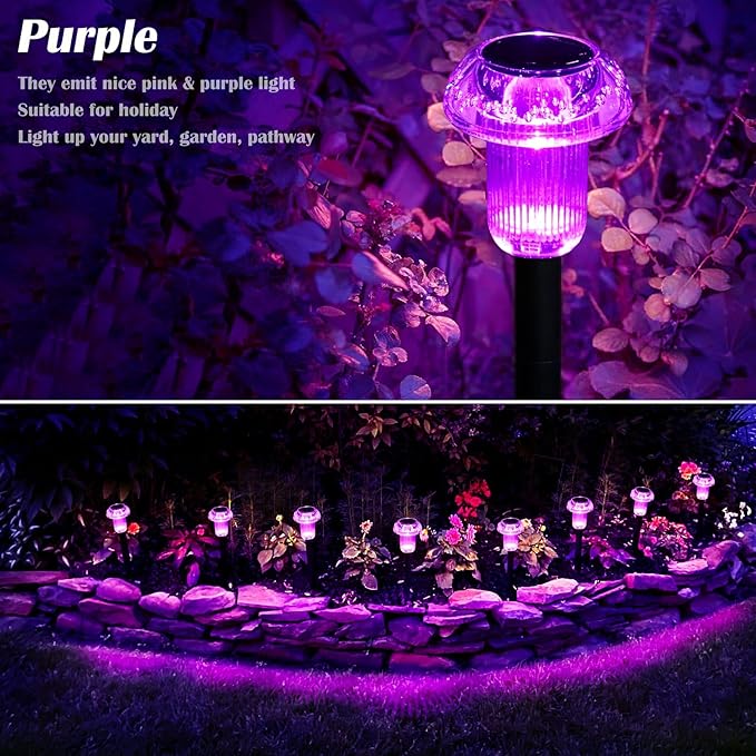 Solar Lights Outdoor Pathway Waterproof 8 Pack Purple LED Acrylic Mushroom - Image 4