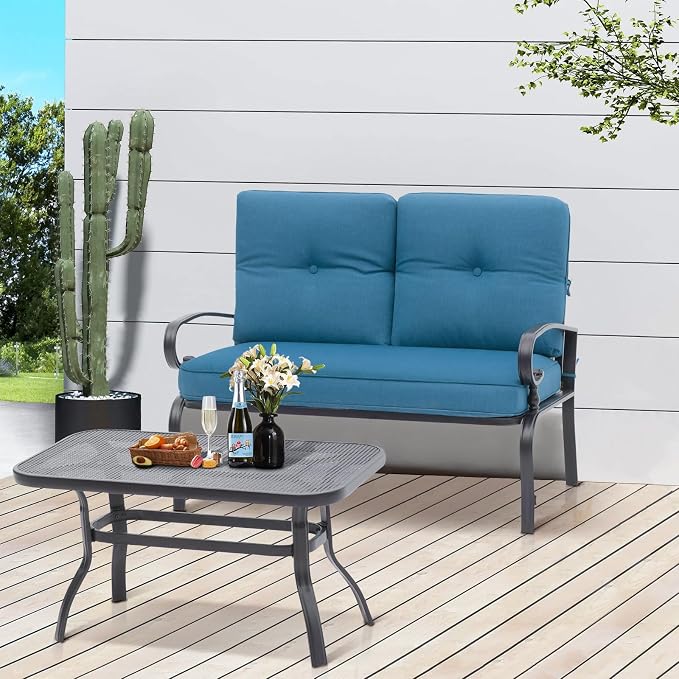 Oakcloud Outdoor 2 Pcs Patio Loveseat Bench Metal Frame Furniture Set - Image 7
