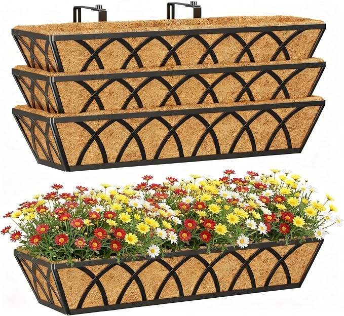 24 Inch Window Deck with Coco Liner, Fence Metal Hanging Flower Planter Window by YM