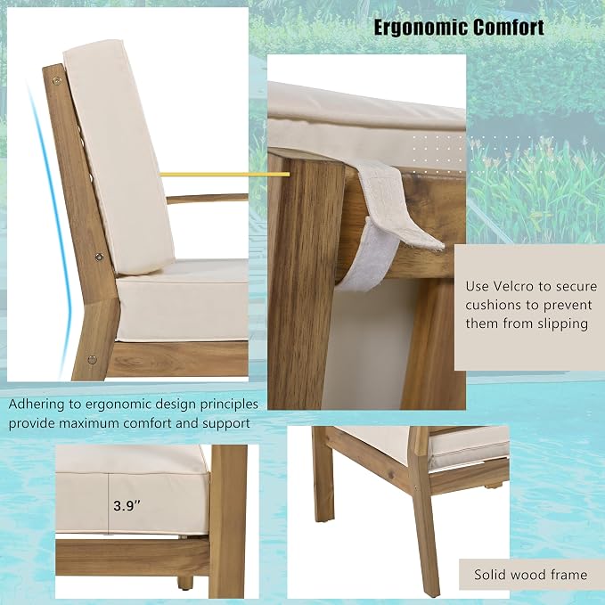 6-Piece Outdoor Patio Conversation Furniture Set, Acacia Wood Sectional Sofa Set - Image 6