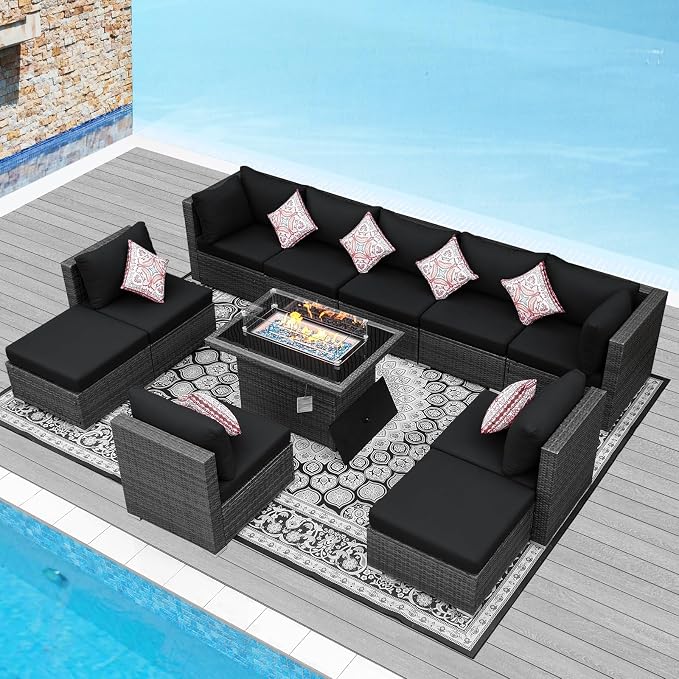 NICESOUL 11 Piece Outdoor Furniture Set w/Fireplace, Luxury Patio Sectional by NICESOUL